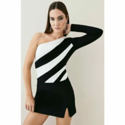 Hot Sale ⌛ KarenMillen Colour Block One Shoulder Ponte Top For Female 🔔