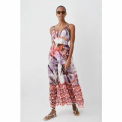 New 👍 KarenMillen Tropical Ikat Printed Woven Beach Maxi 👗 Dress For Female 💯