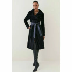 Coupon 👏 KarenMillen Signature Ponyskin Belted Wrap 🧥 Coat For Female 😀