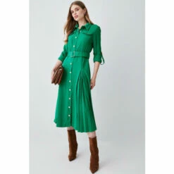 Coupon ⭐ KarenMillen Soft Tailored Pleat Panel Sleeved Belted Midi 👗 Dress For Female 🤩