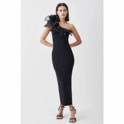Best deal 🥰 KarenMillen Petite One Shoulder Organza Flower Detail Knit Midi 👗 Dress For Female ✔️