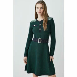 Wholesale ✨ KarenMillen Cut And Sew Tweed Panel Long Sleeve Skater Mini 👗 Dress For Female 😀