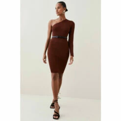 Coupon 💯 KarenMillen One Shoulder Rib Knit Belted Mini 👗 Dress For Female 😍