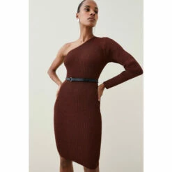 Coupon 💯 KarenMillen One Shoulder Rib Knit Belted Mini 👗 Dress For Female 😍 -Karen Millen Sales unnamed file 4692