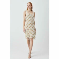 Best Sale 👍 KarenMillen Tall Square Neck Embellished Fringed Mini 👗 Dress For Female ✨