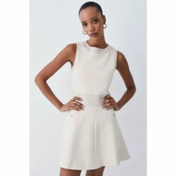 Hot Sale ๐ฅฐ KarenMillen Tall Ponte & Faux Leather A Line Flippy Mini ๐ Dress For Female ๐งจ