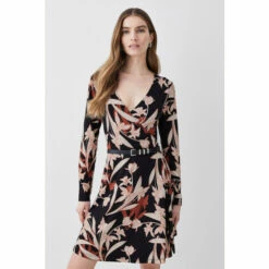 Promo 💯 KarenMillen Belted Viscose Blend Long Sleeve Jersey Mini 👗 Dress For Female 🤩