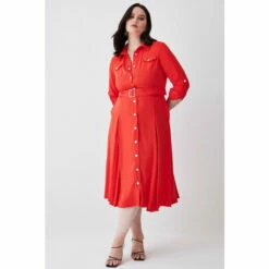 Coupon 🔥 KarenMillen Plus Size Soft Tailored Pleat Panel Sleeved Belted Midi 👗 Dress For Female 🔔