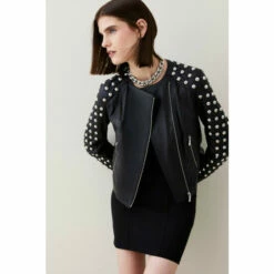 Buy ⭐ KarenMillen Leather Dome Stud & Quilted Detail Biker Jacket For Female 🥰