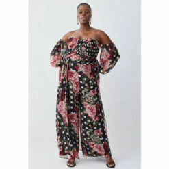 Coupon 🌟 KarenMillen Plus Size Spot Floral Chiffon Bardot Wide Leg Jumpsuit For Female 🛒 -Karen Millen Sales unnamed file 4840