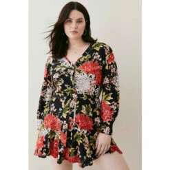 Discount 🔔 KarenMillen Plus Size Floral Printed Wrap Woven Mini 👗 Dress For Female ✨