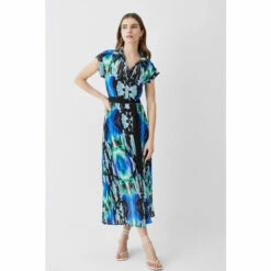 New 🎉 KarenMillen Mirrored Kaleidoscope Pleated Midi 👕 Shirt 👗 Dress For Female 😉