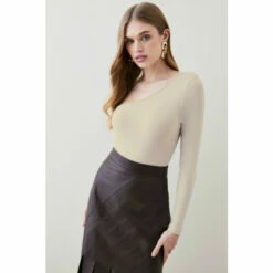 New โ๏ธ KarenMillen Premium Wool Blend One Shoulder Jersey Bodysuit For Female ๐