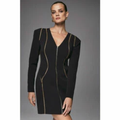 Buy 🔔 KarenMillen Gold Trim Zip Front Mini 👗 Dress For Female ✔️