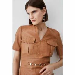 Best deal 🛒 KarenMillen Leather Short Sleeve Snaffle Trim Pencil Midi 👗 Dress For Female ✔️ -Karen Millen Sales unnamed file 5076