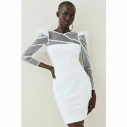 Promo 😀 KarenMillen Mixed Mesh Spot Tulle Mini 👗 Dress For Female ⭐