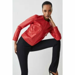 Flash Sale 🔔 KarenMillen Leather Collarless Pocket Detail Jacket For Female 💯 -Karen Millen Sales unnamed file 5148