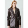 Best Sale ⌛ KarenMillen Patent Leather Strong Shoulder Tailored Blazer For Female 🔔