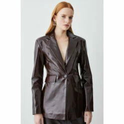 Best Sale ⌛ KarenMillen Patent Leather Strong Shoulder Tailored Blazer For Female 🔔