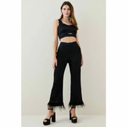 Best Pirce 🥰 KarenMillen Italian Satin Feather Hem Trouser For Female ✔️