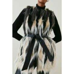 Flash Sale 👍 KarenMillen Jacquard Faux Fur Pu Belted Gilet For Female ⭐