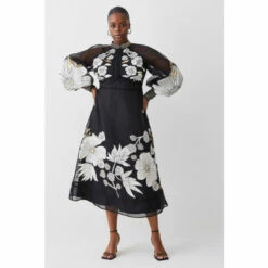 Best Pirce 🧨 KarenMillen Plus Organdie Applique Buttoned Woven Midi 👗 Dress For Female 🥰