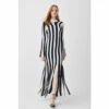 Promo 👏 KarenMillen Stripe Shredded Hem Jacquard Maxi Column 👗 Dress For Female 🔔