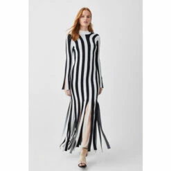 Promo 👏 KarenMillen Stripe Shredded Hem Jacquard Maxi Column 👗 Dress For Female 🔔