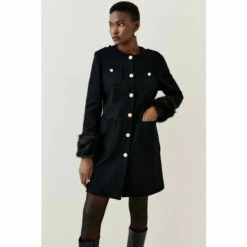 Cheap 💯 KarenMillen Italian Virgin Wool Faux Fur Cuff Midi 🧥 Coat For Female 🔔