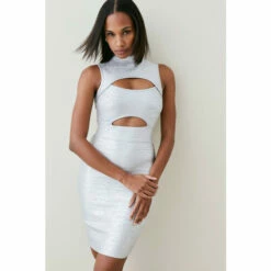 Promo ✔️ KarenMillen Foiled Bandage Knit Cut Out Detail Mini 👗 Dress For Female 🛒