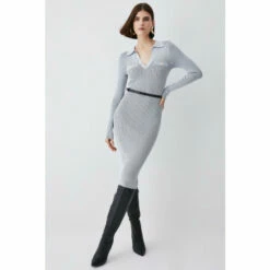 Best Sale 🛒 KarenMillen Buttoned Collar Pocket Front Midi 👗 Dress For Female 👍