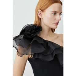 Coupon 🛒 KarenMillen Tall One Shoulder Organza Flower Detail Knit Midi 👗 Dress For Female 😍 -Karen Millen Sales unnamed file 5650