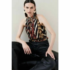 Brand new 🎉 KarenMillen Animal Shirred Halter Woven Blouse For Female ⭐ -Karen Millen Sales unnamed file 5690