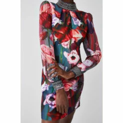 Outlet ⌛ KarenMillen Diamante Trim Floral Woven Mini 👗 Dress For Female 🌟