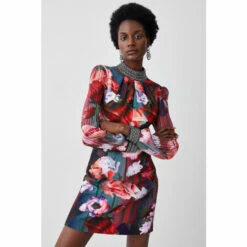 Outlet ⌛ KarenMillen Diamante Trim Floral Woven Mini 👗 Dress For Female 🌟 -Karen Millen Sales unnamed file 5755