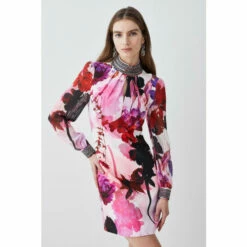 Best Sale ✨ KarenMillen Diamante Trim Floral Woven Mini 👗 Dress For Female 💯