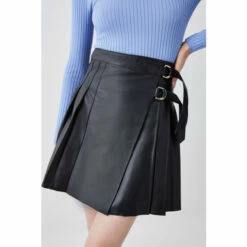 Best deal ✨ KarenMillen Leather Pleated Buckle Kilt 👗 Skirt For Female 😀