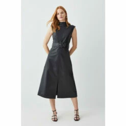 Coupon ✨ KarenMillen Leather Belted High Neck Midi 👗 Dress For Female 🧨 -Karen Millen Sales unnamed file 582