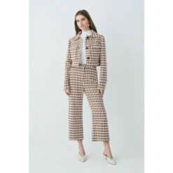 Best Sale ⌛ KarenMillen Check Tweed High Waist Cropped Wide Leg Trousers For Female 👍