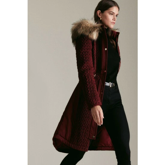 Promo 🥰 KarenMillen Signature Quilt Long Faux Fur Trim 🧥 Coat For Female 👏 1 Promo 🥰 KarenMillen Signature Quilt Long Faux Fur Trim 🧥 Coat For Female 👏