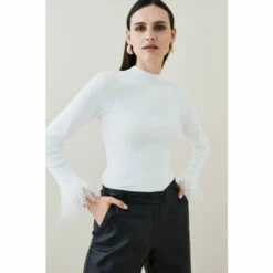 Best deal 🎁 KarenMillen Viscose Blend Feather Cuff Jumper For Female 🎉