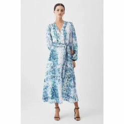 Outlet 🥰 KarenMillen Petite Soft Snake Print Satin Piped Zip Front Midi 👗 Dress For Female 🎉