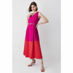 Discount ✔️ KarenMillen Soft Tailored Full 👗 Skirt Belted Colour Block Midi 👗 Dress For Female ✨ -Karen Millen Sales unnamed file 6143
