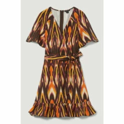 Best deal 😍 KarenMillen Ikat Print Linen Angel Sleeve Wrap Front 👗 Dress For Female 😍 -Karen Millen Sales unnamed file 6148
