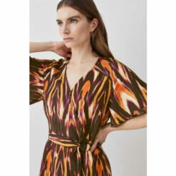 Best deal 😍 KarenMillen Ikat Print Linen Angel Sleeve Wrap Front 👗 Dress For Female 😍 -Karen Millen Sales unnamed file 6149