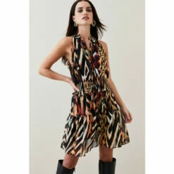 Budget 👏 KarenMillen Petite Animal Shirred Halter Woven Mini 👗 Dress For Female 😉