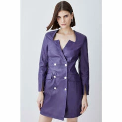Coupon 😀 KarenMillen Tall Leather Double Breasted Blazer Notch Neck Mini 👗 Dress For Female 😉