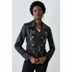 Deals 🎉 KarenMillen Leather Military Zip Detail Biker Jacket For Female 💯