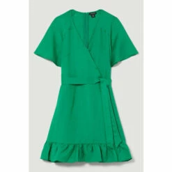 Promo 😀 KarenMillen Linen Angel Sleeve Wrap Front 👗 Dress For Female ✔️ -Karen Millen Sales unnamed file 6230