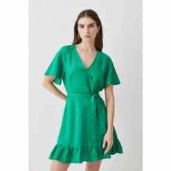 Promo 😀 KarenMillen Linen Angel Sleeve Wrap Front 👗 Dress For Female ✔️ -Karen Millen Sales unnamed file 6232